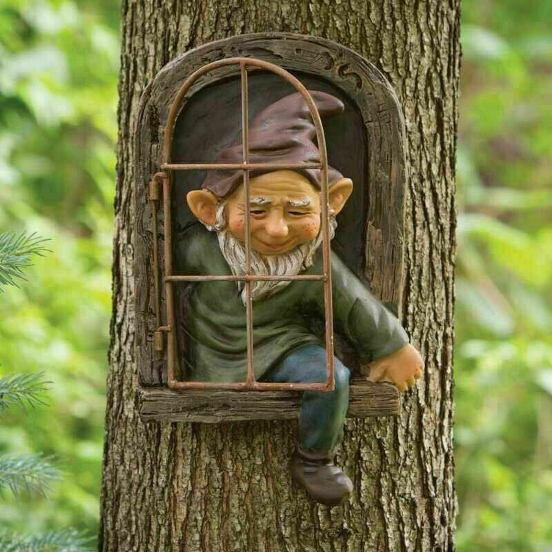 Elf Out The Door Window Tree Hugger Garden Gnome Statue